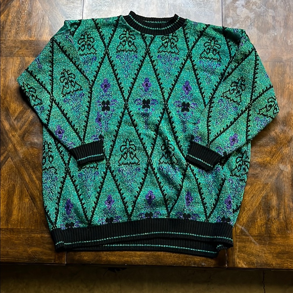 Green and Black Patterned Crew Neck Sweater with lurex thread for sparkle!